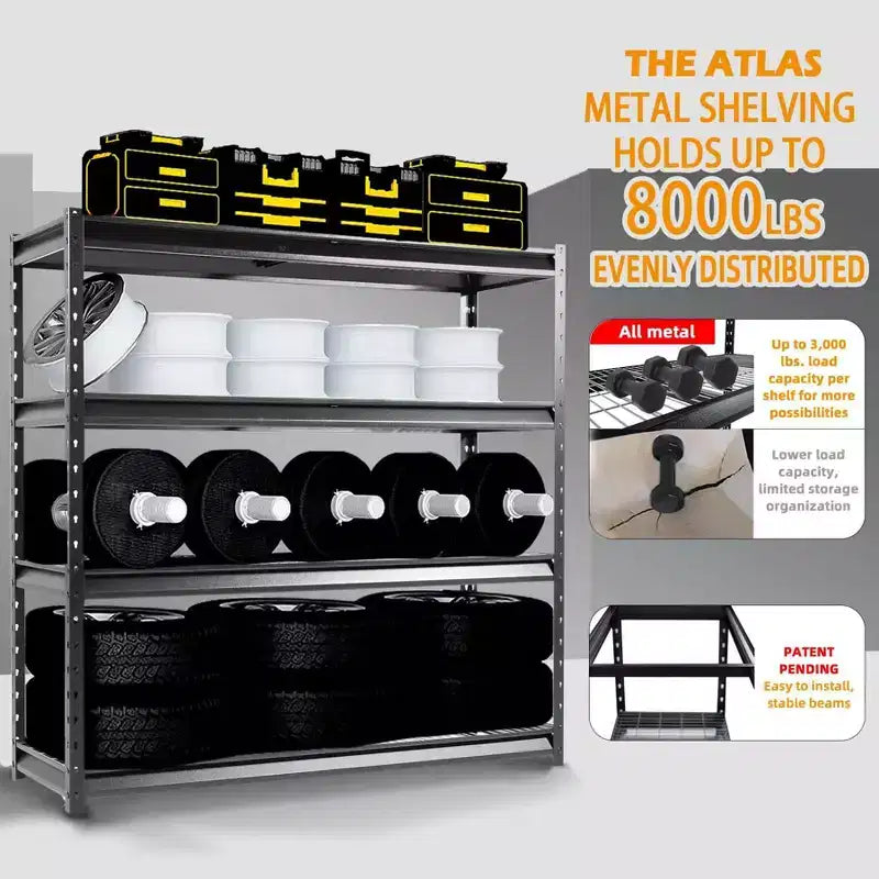 Étagères de garage robustes à 4 niveaux de 183x61x183 cm, capacité de charge de 3629 kg, acier Hammertone, étagères réglables