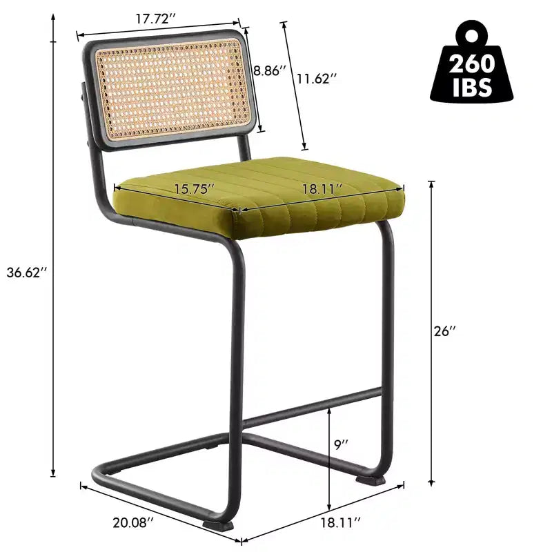 Tabourets de bar de 66 cm de hauteur, en rotin velours rembourré avec dossier en cannage et cadre en métal, tabourets de cuisine modernes du milieu du siècle pour îlot de cuisine.