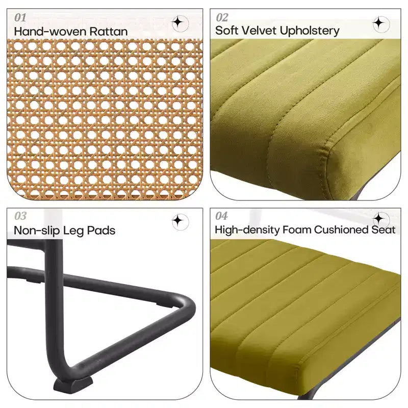 Tabourets de bar de 66 cm de hauteur, en rotin velours rembourré avec dossier en cannage et cadre en métal, tabourets de cuisine modernes du milieu du siècle pour îlot de cuisine.