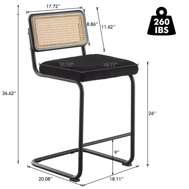 Tabourets de bar de 66 cm de hauteur, en rotin velours rembourré avec dossier en cannage et cadre en métal, tabourets de cuisine modernes du milieu du siècle pour îlot de cuisine.