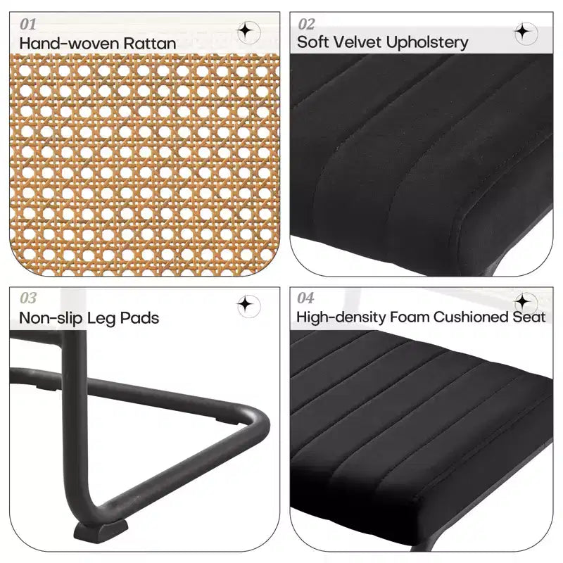 Tabourets de bar de 66 cm de hauteur, en rotin velours rembourré avec dossier en cannage et cadre en métal, tabourets de cuisine modernes du milieu du siècle pour îlot de cuisine.