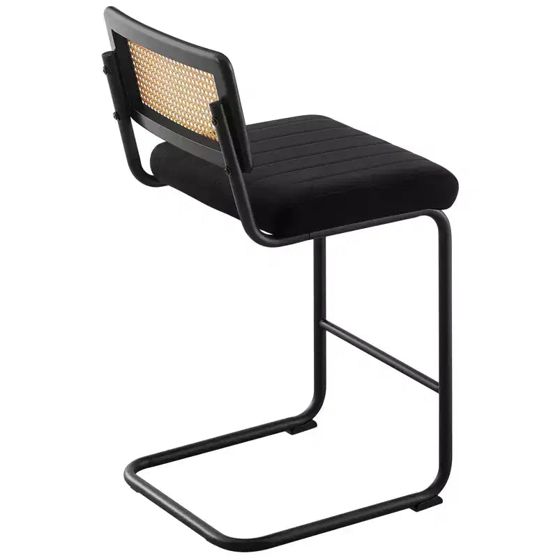 Tabourets de bar de 66 cm de hauteur, en rotin velours rembourré avec dossier en cannage et cadre en métal, tabourets de cuisine modernes du milieu du siècle pour îlot de cuisine.