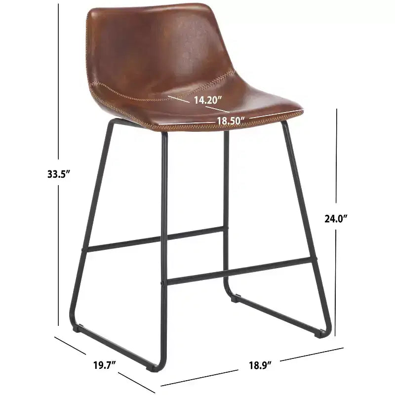 Tabouret de comptoir, piètement en fer avec assise en cuir, dossier rembourré, repose-pieds, hauteur fixe de 24 po, marron/noir