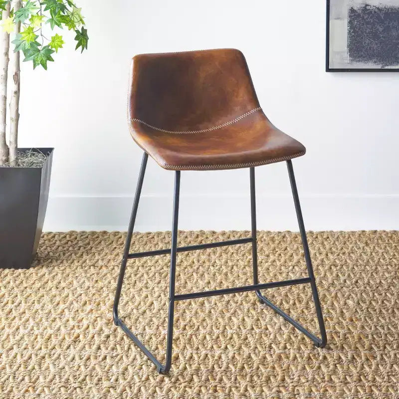 Tabouret de comptoir, piètement en fer avec assise en cuir, dossier rembourré, repose-pieds, hauteur fixe de 24 po, marron/noir