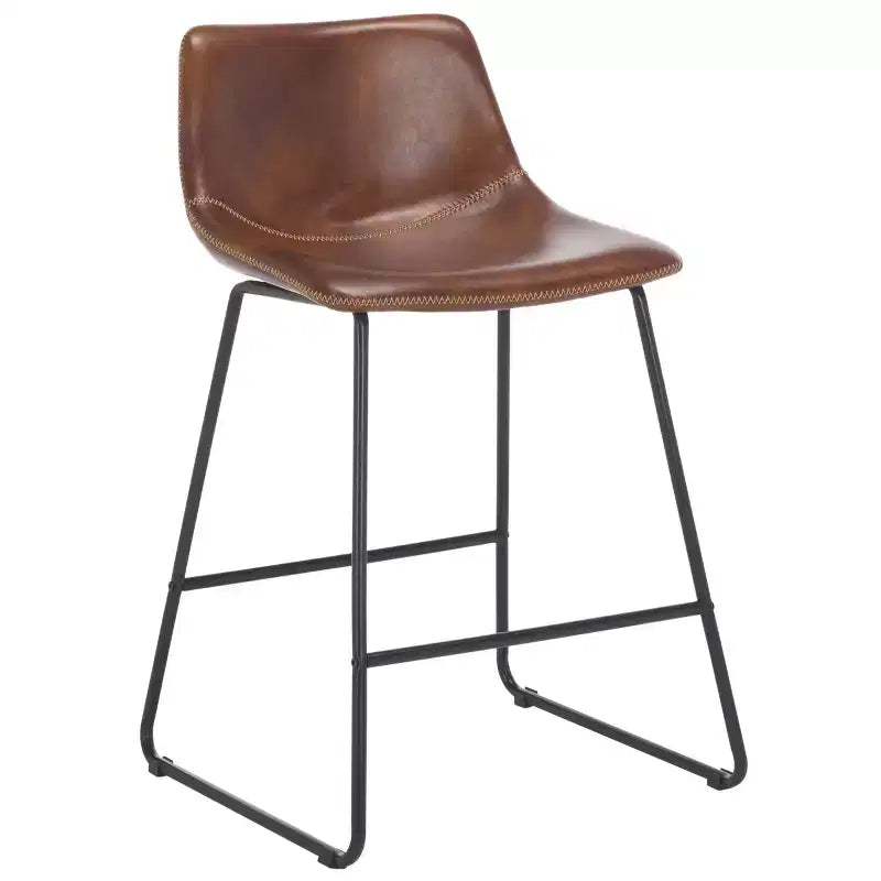 Tabouret de comptoir, piètement en fer avec assise en cuir, dossier rembourré, repose-pieds, hauteur fixe de 24 po, marron/noir
