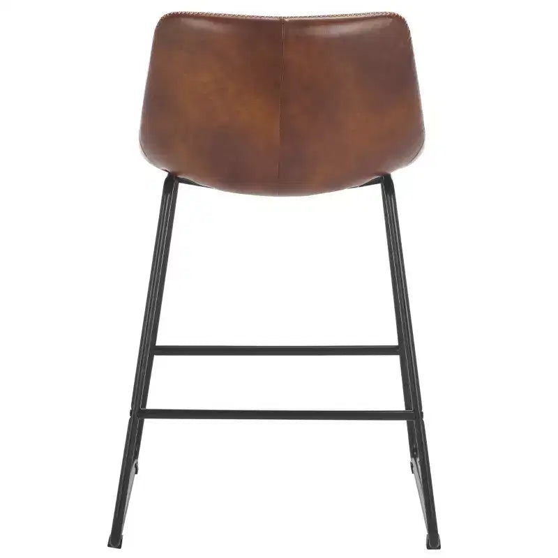 Tabouret de comptoir, piètement en fer avec assise en cuir, dossier rembourré, repose-pieds, hauteur fixe de 24 po, marron/noir