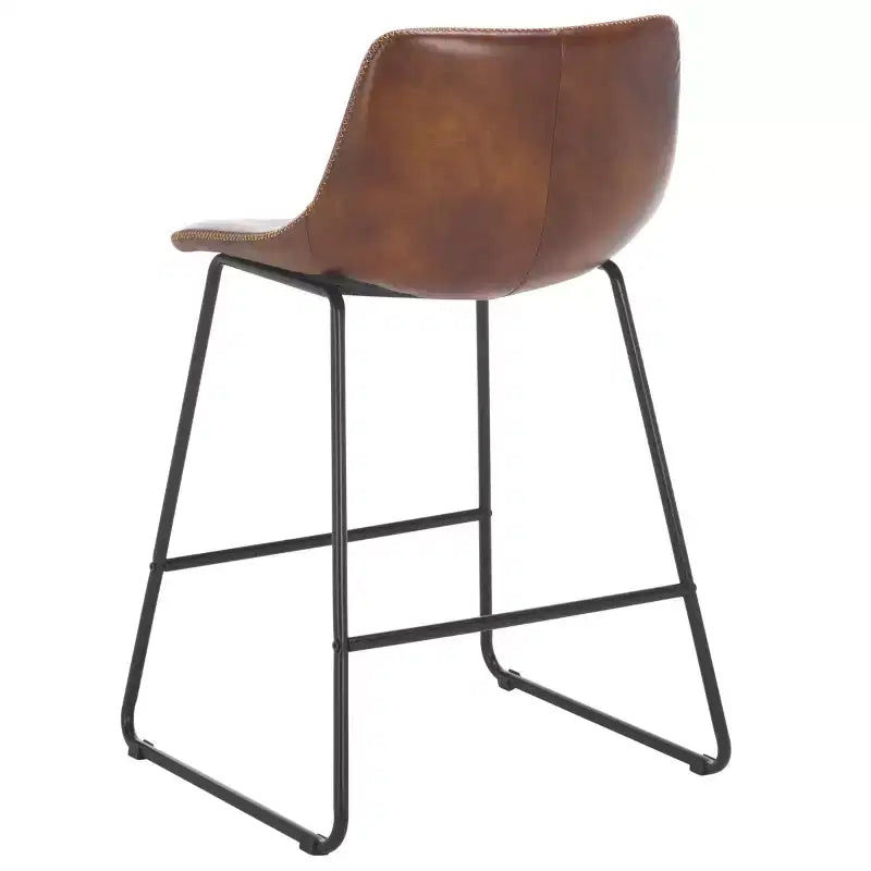Tabouret de comptoir, piètement en fer avec assise en cuir, dossier rembourré, repose-pieds, hauteur fixe de 24 po, marron/noir