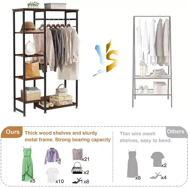 Portant à vêtements ouvert, Armoire de rangement autoportante robuste avec 5 étagères et une tringle de suspension pour petits espaces, Chêne/Blanc