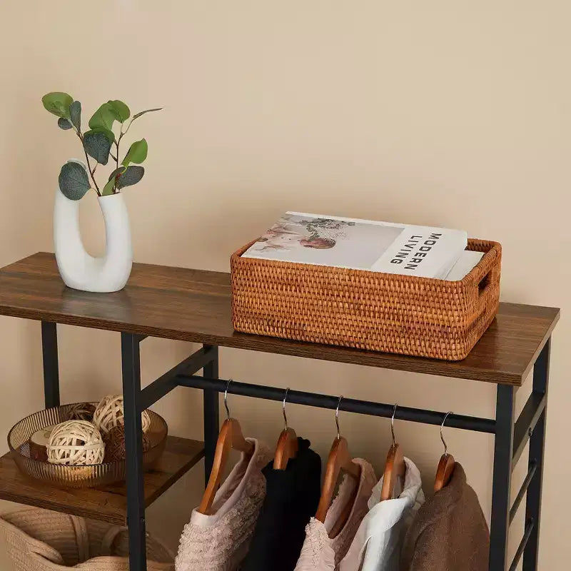 Portant à vêtements ouvert, Armoire de rangement autoportante robuste avec 5 étagères et une tringle de suspension pour petits espaces, Chêne/Blanc