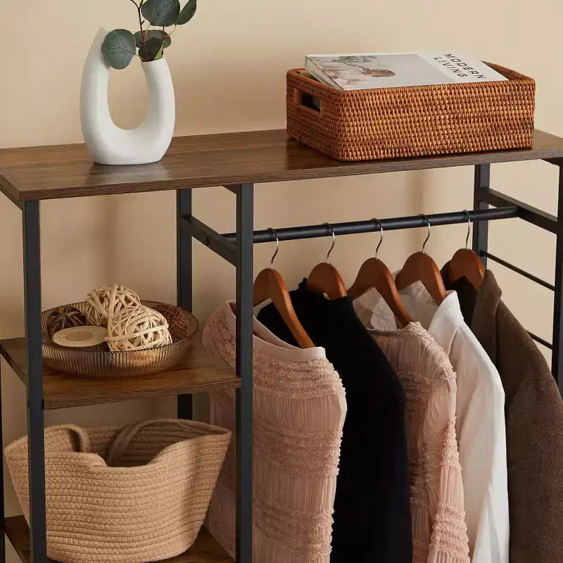 Portant à vêtements ouvert, Armoire de rangement autoportante robuste avec 5 étagères et une tringle de suspension pour petits espaces, Chêne/Blanc
