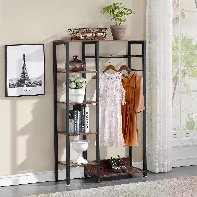 Portant à vêtements ouvert, Armoire de rangement autoportante robuste avec 5 étagères et une tringle de suspension pour petits espaces, Chêne/Blanc