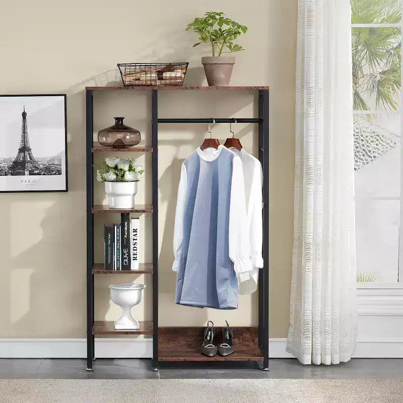 Portant à vêtements ouvert, Armoire de rangement autoportante robuste avec 5 étagères et une tringle de suspension pour petits espaces, Chêne/Blanc