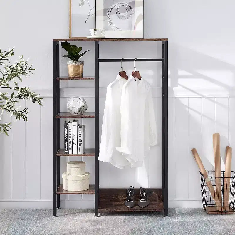 Portant à vêtements ouvert, Armoire de rangement autoportante robuste avec 5 étagères et une tringle de suspension pour petits espaces, Chêne/Blanc