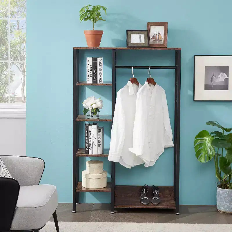 Portant à vêtements ouvert, Armoire de rangement autoportante robuste avec 5 étagères et une tringle de suspension pour petits espaces, Chêne/Blanc