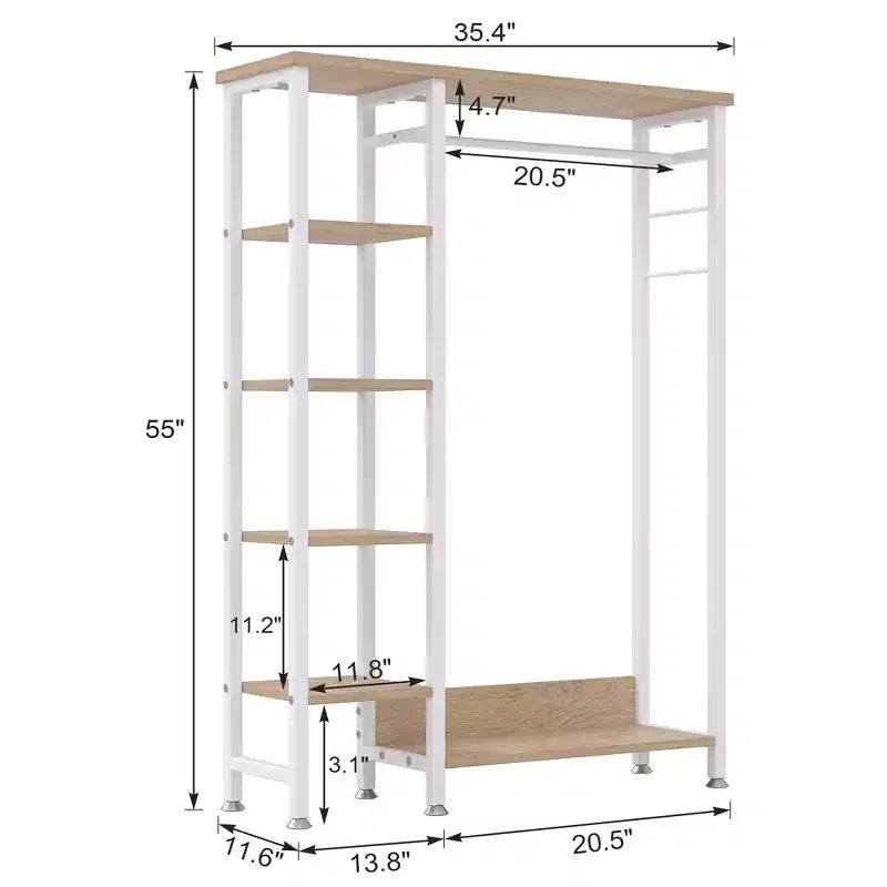 Portant à vêtements ouvert, Armoire de rangement autoportante robuste avec 5 étagères et une tringle de suspension pour petits espaces, Chêne/Blanc