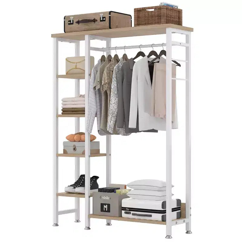Portant à vêtements ouvert, Armoire de rangement autoportante robuste avec 5 étagères et une tringle de suspension pour petits espaces, Chêne/Blanc