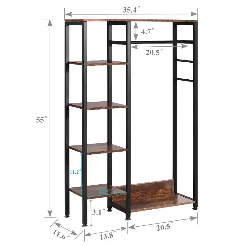 Portant à vêtements ouvert, Armoire de rangement autoportante robuste avec 5 étagères et une tringle de suspension pour petits espaces, Chêne/Blanc