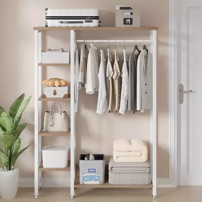 Portant à vêtements ouvert, Armoire de rangement autoportante robuste avec 5 étagères et une tringle de suspension pour petits espaces, Chêne/Blanc