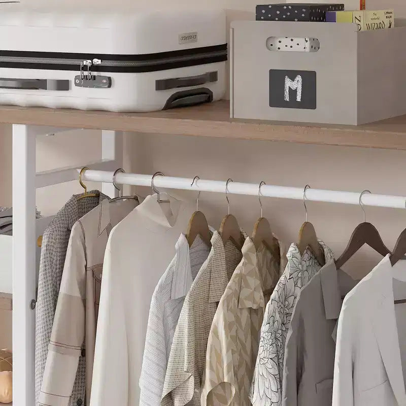 Portant à vêtements ouvert, Armoire de rangement autoportante robuste avec 5 étagères et une tringle de suspension pour petits espaces, Chêne/Blanc