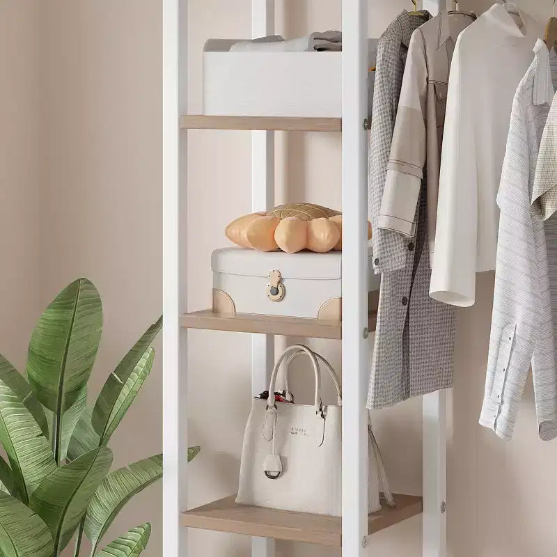 Portant à vêtements ouvert, Armoire de rangement autoportante robuste avec 5 étagères et une tringle de suspension pour petits espaces, Chêne/Blanc