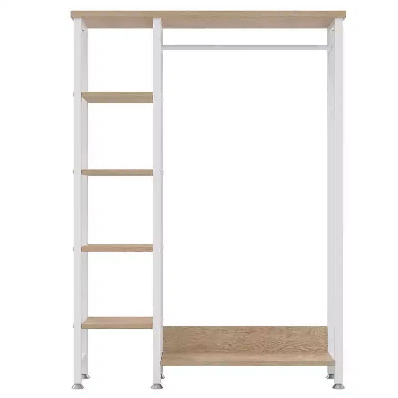 Portant à vêtements ouvert, Armoire de rangement autoportante robuste avec 5 étagères et une tringle de suspension pour petits espaces, Chêne/Blanc