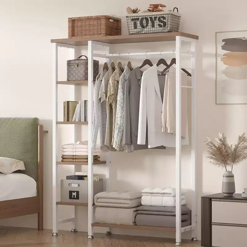 Portant à vêtements ouvert, Armoire de rangement autoportante robuste avec 5 étagères et une tringle de suspension pour petits espaces, Chêne/Blanc