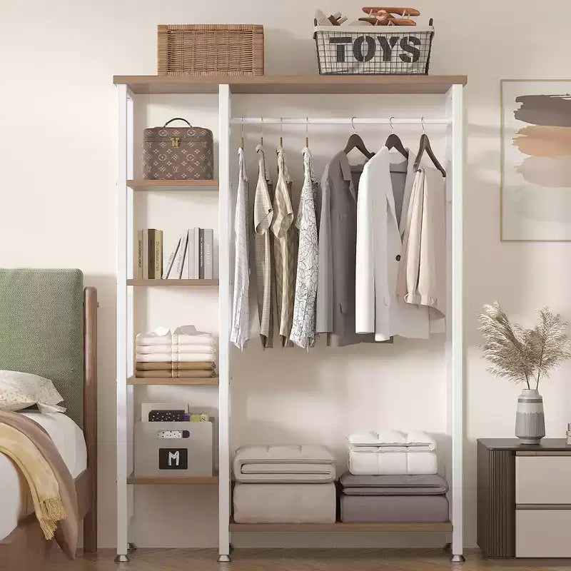 Portant à vêtements ouvert, Armoire de rangement autoportante robuste avec 5 étagères et une tringle de suspension pour petits espaces, Chêne/Blanc