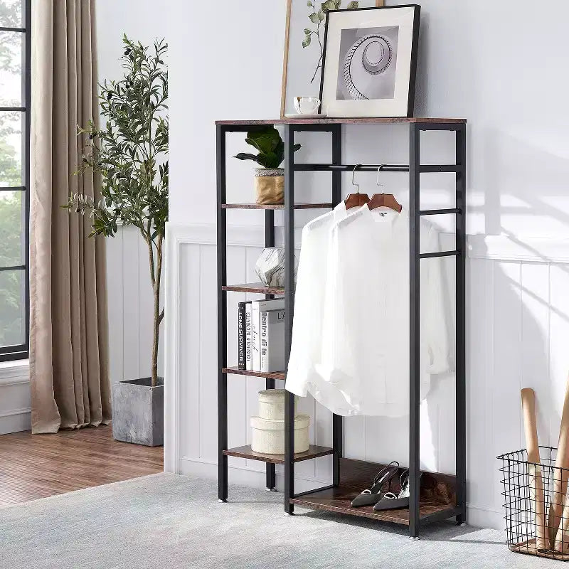 Portant à vêtements ouvert, Armoire de rangement autoportante robuste avec 5 étagères et une tringle de suspension pour petits espaces, Chêne/Blanc