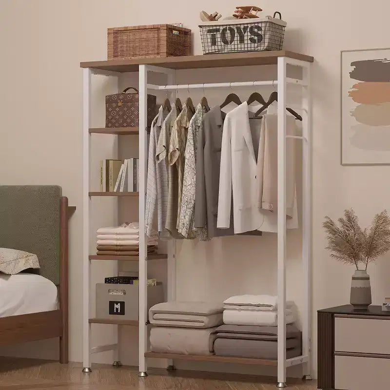 Portant à vêtements ouvert, Armoire de rangement autoportante robuste avec 5 étagères et une tringle de suspension pour petits espaces, Chêne/Blanc