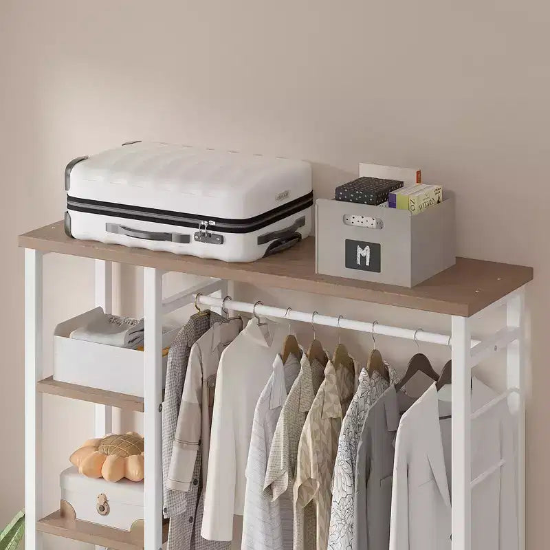 Portant à vêtements ouvert, Armoire de rangement autoportante robuste avec 5 étagères et une tringle de suspension pour petits espaces, Chêne/Blanc
