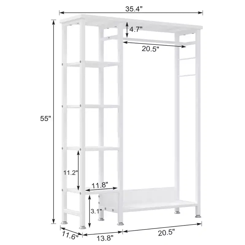 Portant à vêtements ouvert, Armoire de rangement autoportante robuste avec 5 étagères et une tringle de suspension pour petits espaces, Chêne/Blanc