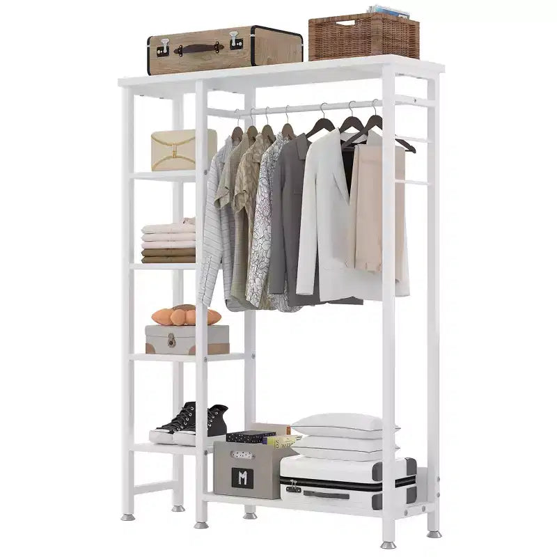 Portant à vêtements ouvert, Armoire de rangement autoportante robuste avec 5 étagères et une tringle de suspension pour petits espaces, Chêne/Blanc
