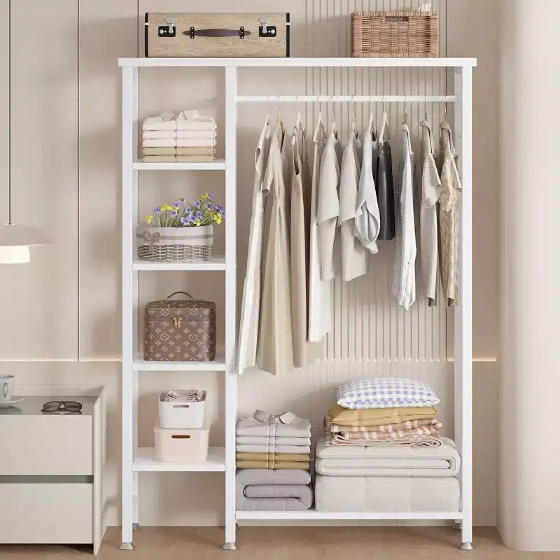 Portant à vêtements ouvert, Armoire de rangement autoportante robuste avec 5 étagères et une tringle de suspension pour petits espaces, Chêne/Blanc