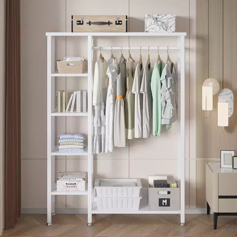 Portant à vêtements ouvert, Armoire de rangement autoportante robuste avec 5 étagères et une tringle de suspension pour petits espaces, Chêne/Blanc