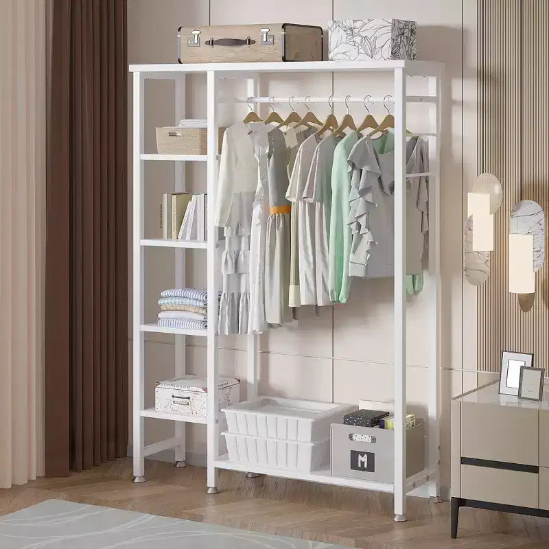 Portant à vêtements ouvert, Armoire de rangement autoportante robuste avec 5 étagères et une tringle de suspension pour petits espaces, Chêne/Blanc