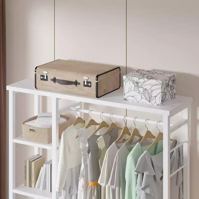 Portant à vêtements ouvert, Armoire de rangement autoportante robuste avec 5 étagères et une tringle de suspension pour petits espaces, Chêne/Blanc