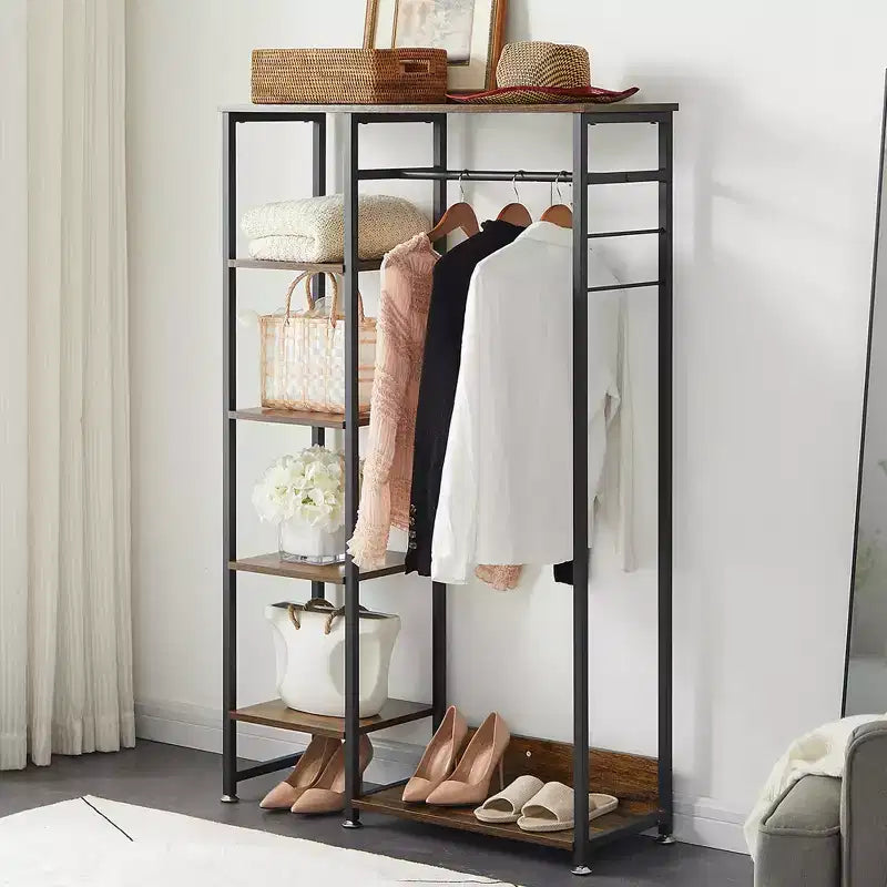 Portant à vêtements ouvert, Armoire de rangement autoportante robuste avec 5 étagères et une tringle de suspension pour petits espaces, Chêne/Blanc