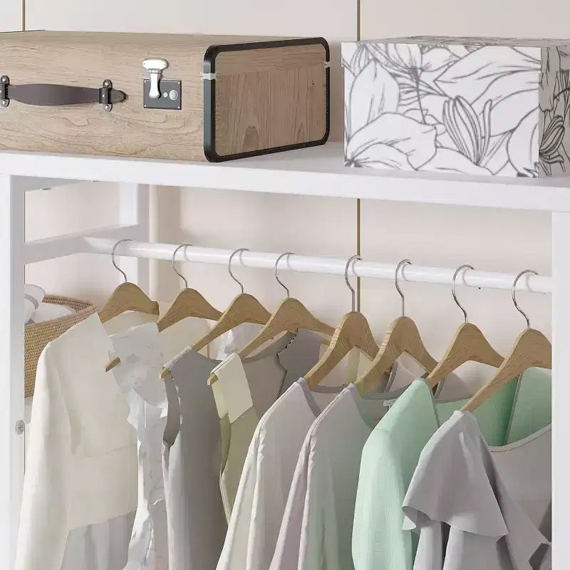 Portant à vêtements ouvert, Armoire de rangement autoportante robuste avec 5 étagères et une tringle de suspension pour petits espaces, Chêne/Blanc