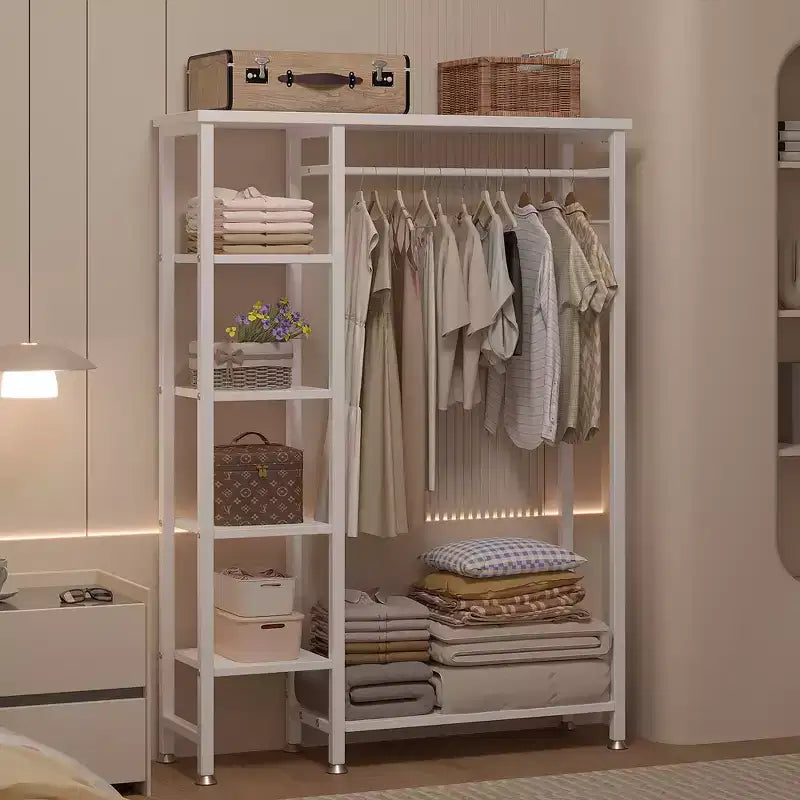 Portant à vêtements ouvert, Armoire de rangement autoportante robuste avec 5 étagères et une tringle de suspension pour petits espaces, Chêne/Blanc