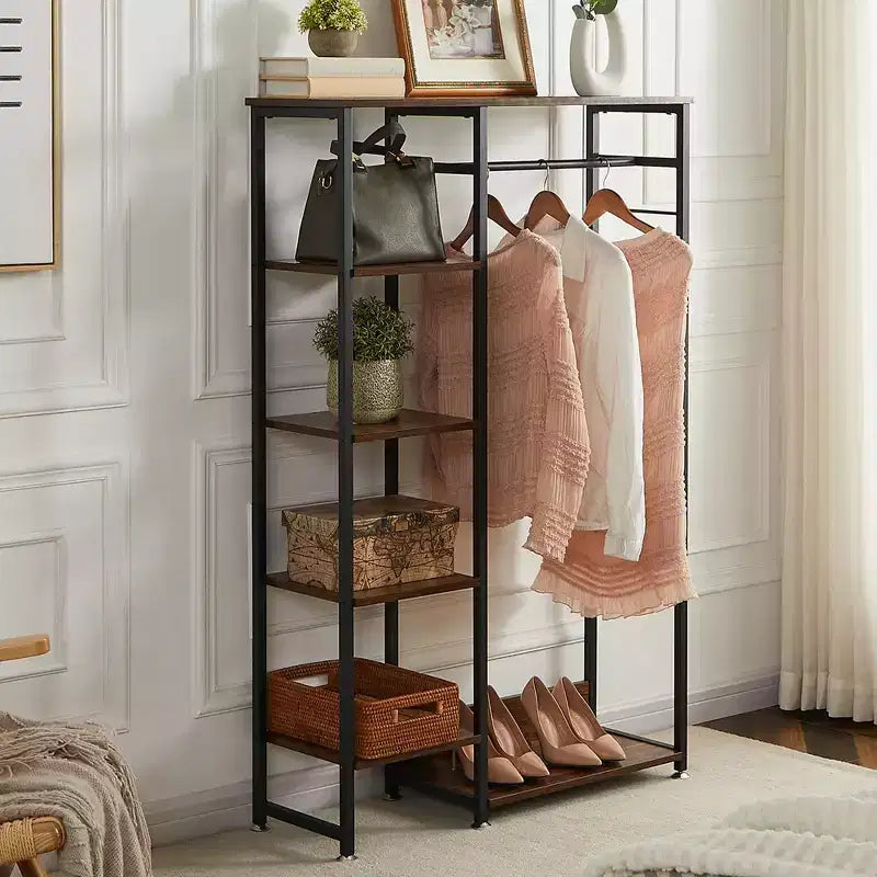 Portant à vêtements ouvert, Armoire de rangement autoportante robuste avec 5 étagères et une tringle de suspension pour petits espaces, Chêne/Blanc