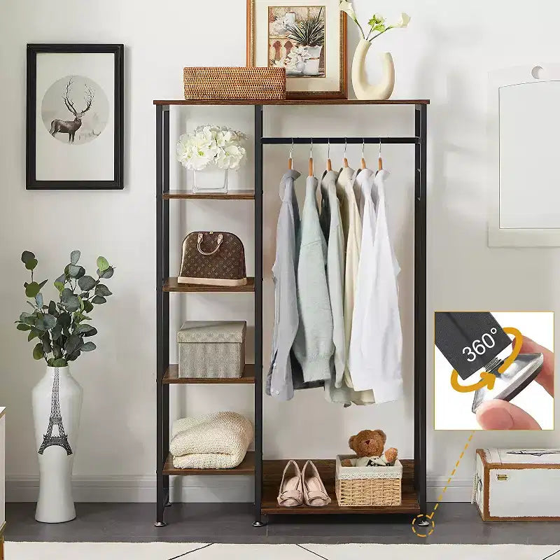 Portant à vêtements ouvert, Armoire de rangement autoportante robuste avec 5 étagères et une tringle de suspension pour petits espaces, Chêne/Blanc