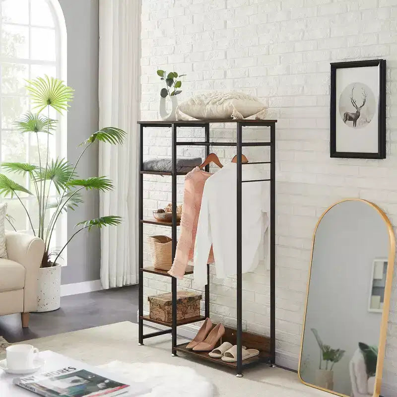 Portant à vêtements ouvert, Armoire de rangement autoportante robuste avec 5 étagères et une tringle de suspension pour petits espaces, Chêne/Blanc