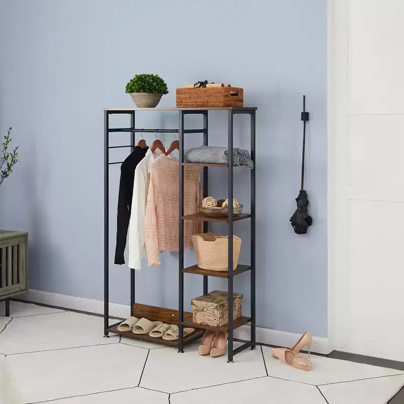 Portant à vêtements ouvert, Armoire de rangement autoportante robuste avec 5 étagères et une tringle de suspension pour petits espaces, Chêne/Blanc