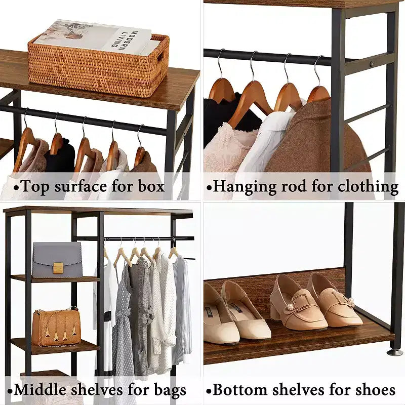 Portant à vêtements ouvert, Armoire de rangement autoportante robuste avec 5 étagères et une tringle de suspension pour petits espaces, Chêne/Blanc