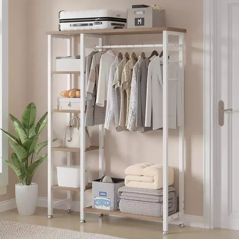 Portant à vêtements ouvert, Armoire de rangement autoportante robuste avec 5 étagères et une tringle de suspension pour petits espaces, Chêne/Blanc