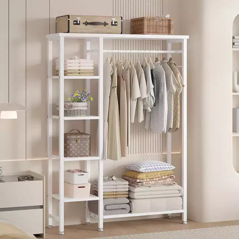 Portant à vêtements ouvert, Armoire de rangement autoportante robuste avec 5 étagères et une tringle de suspension pour petits espaces, Chêne/Blanc