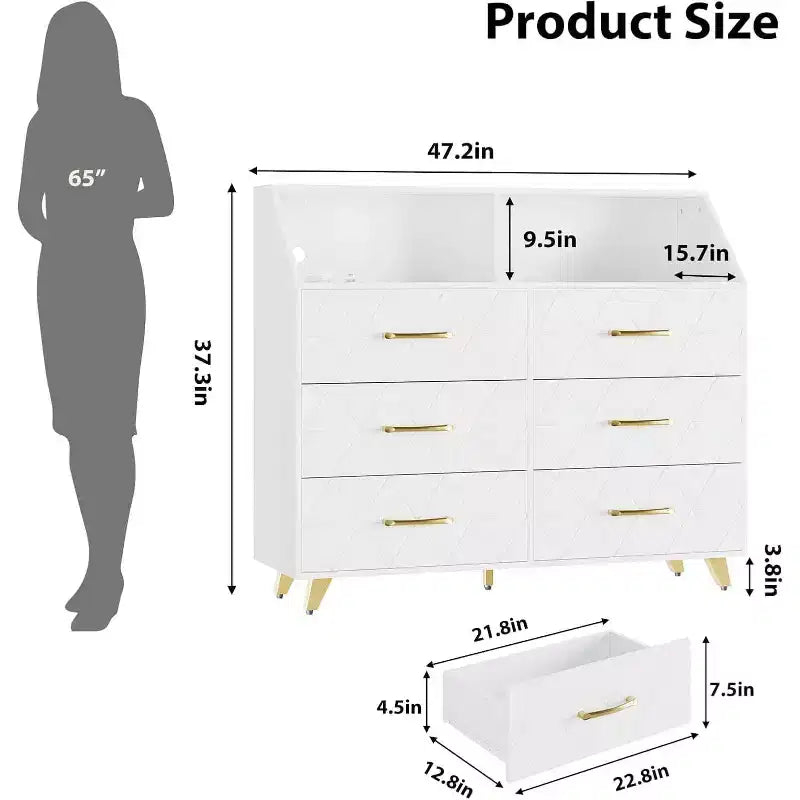 Commode moderne à 6 tiroirs avec lumières LED pour placard, meuble TV, salon, entrée