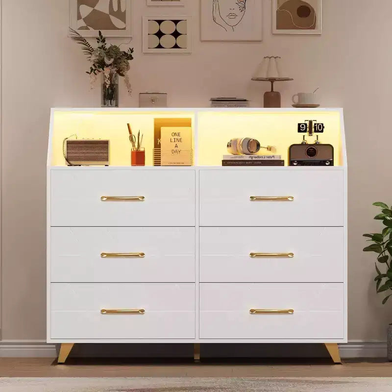 Commode moderne à 6 tiroirs avec lumières LED pour placard, meuble TV, salon, entrée