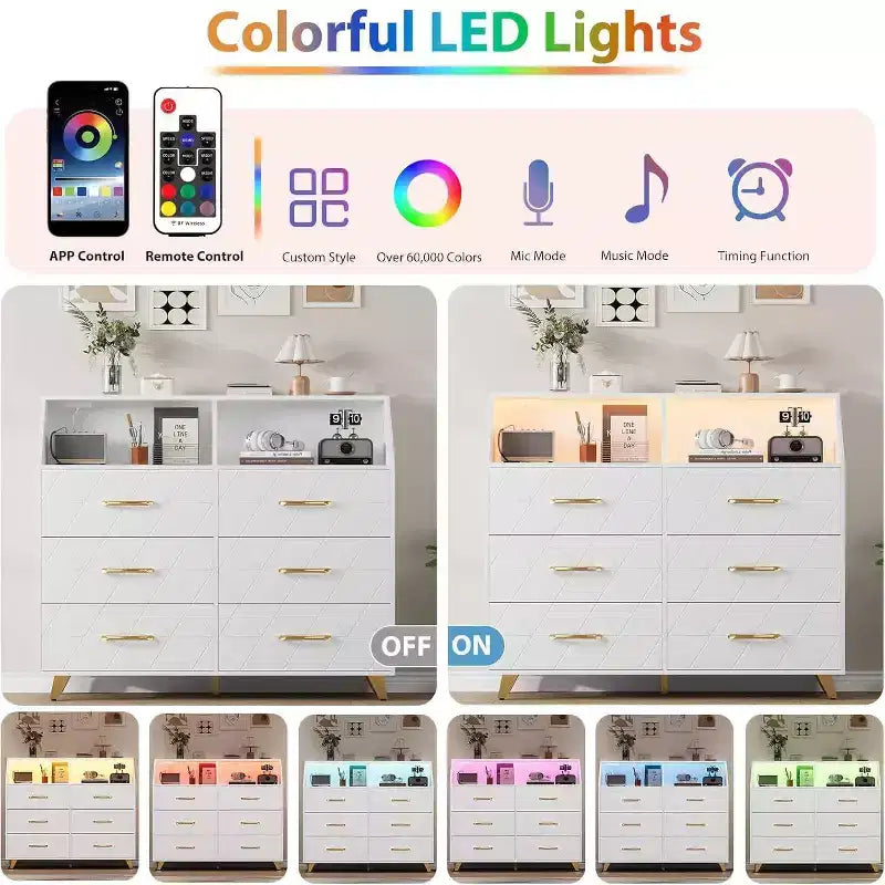 Commode moderne à 6 tiroirs avec lumières LED pour placard, meuble TV, salon, entrée