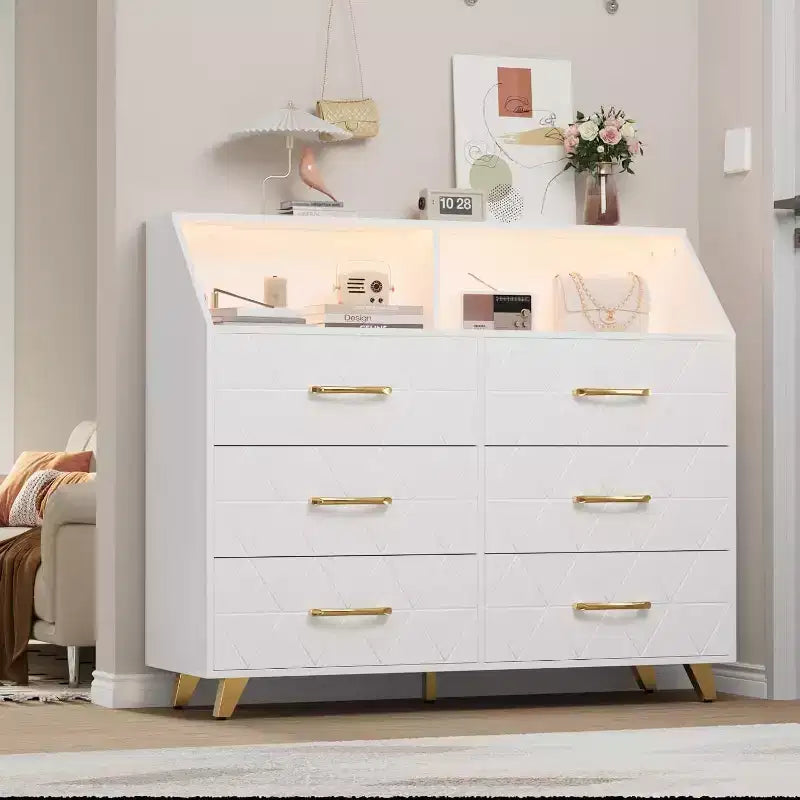 Commode moderne à 6 tiroirs avec lumières LED pour placard, meuble TV, salon, entrée